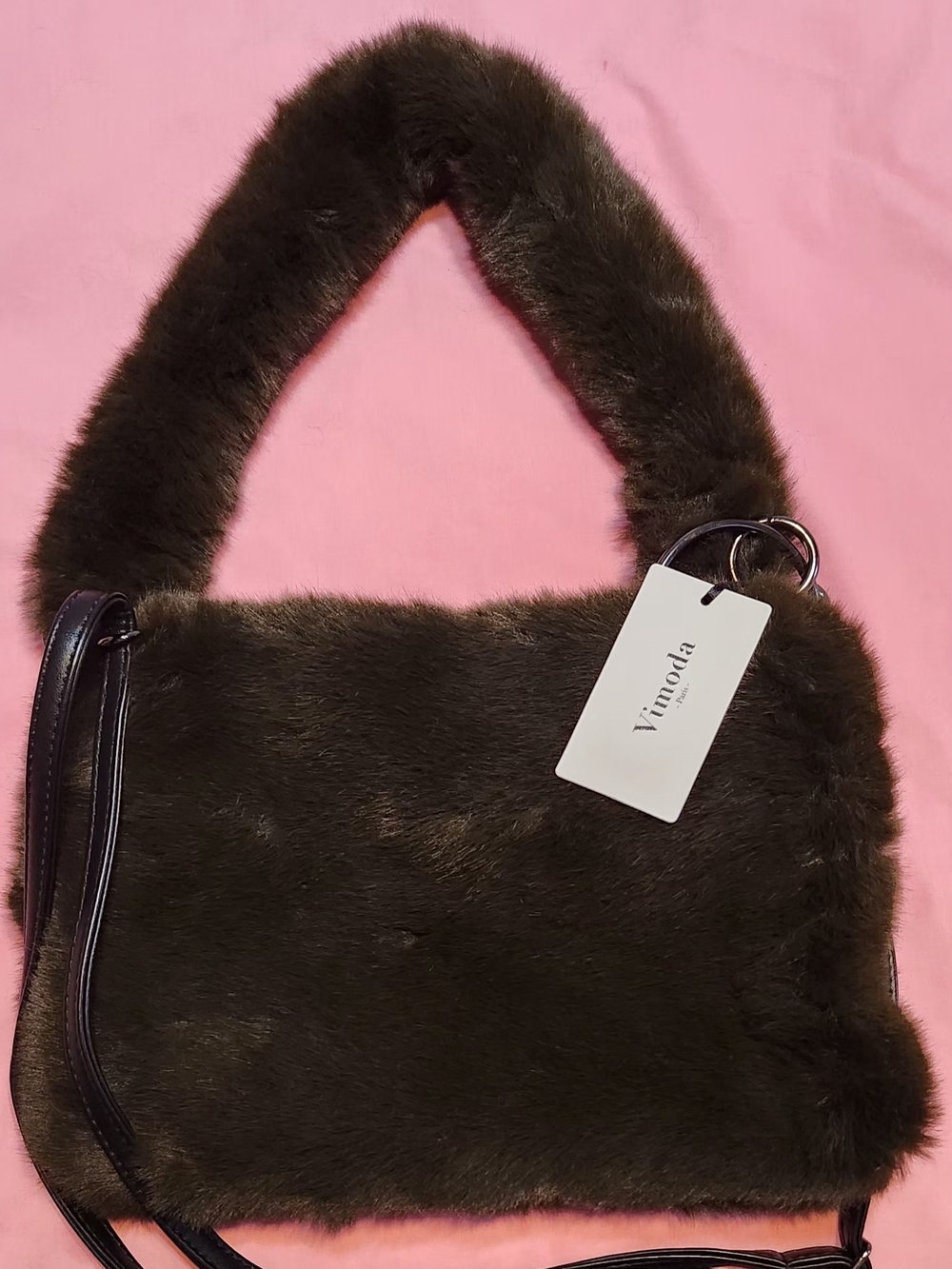 Olive Faux Fur Shoulder Bag with Plush Handle
